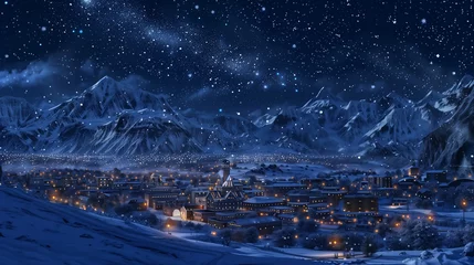 Papier Peint photo autocollant Etats Unis A snow-covered metro city surrounded by mountains under a starry