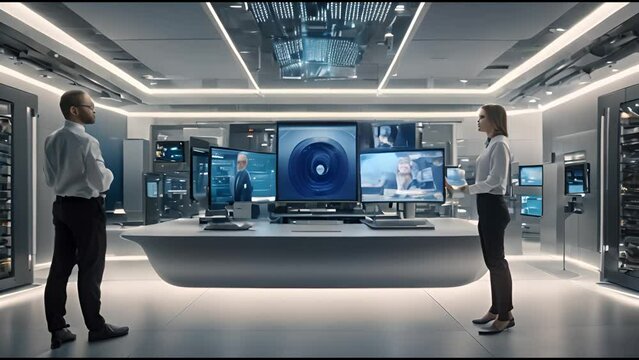 In a contemporary technology firm office, data scientists contribute to the development 