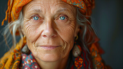 Portrait of middle age, senior Swedish woman in traditional attire and headwear.