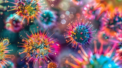 Tuinposter Artistic stock photo of vibrant virus war particles under a micr © pasakorn