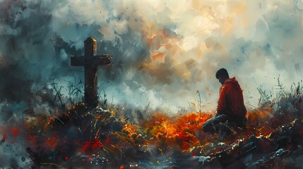 A solitary figure kneeling in prayer beside a rugged cross, deep in contemplation.