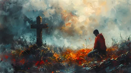 Fotobehang A solitary figure kneeling in prayer beside a rugged cross, deep in contemplation. © coco