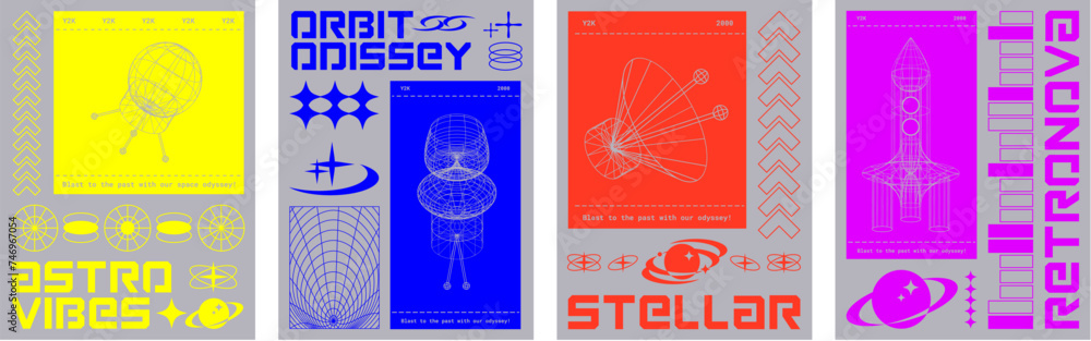 Poster space exploration poster design template in trendy y2k style with 3d mesh grid elements of outer cos