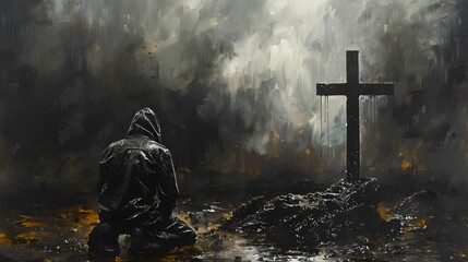 A solitary figure kneeling in prayer beside a rugged cross, deep in contemplation. - obrazy, fototapety, plakaty
