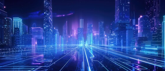 Smart city and big data connection technology concept 3d illustration. Sci-fi Skyline, Blue Neon lights.