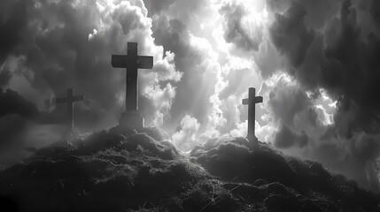 Shadows cast by three crosses on a hill, against a dramatic sky filled with storm clouds.