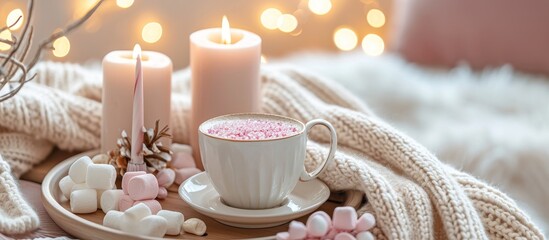 Fototapeta na wymiar A cup of hot chocolate with marshmallows and candles on a tray, creating a cozy ambiance in the room.