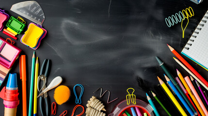black table with many school supplies, background, chalkboard