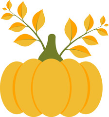 Pumpkin with leaves icon in yellow color.