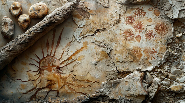 Ancient hands crafting spear throwers and microliths, with Mesolithic art adorning their shelter walls