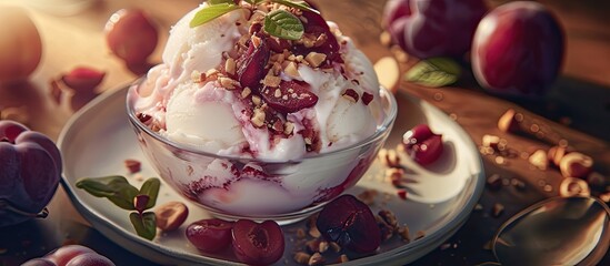 A bowl filled with creamy ice cream topped with red cherries and chopped nuts, creating a delicious and satisfying dessert.