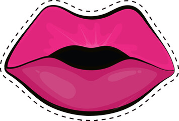 Sticker style pink kiss lips on white background