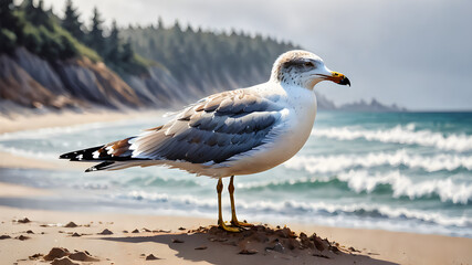 Seagull soars gracefully above the ocean waves, amidst a backdrop of endless blue sky and white sandy beaches