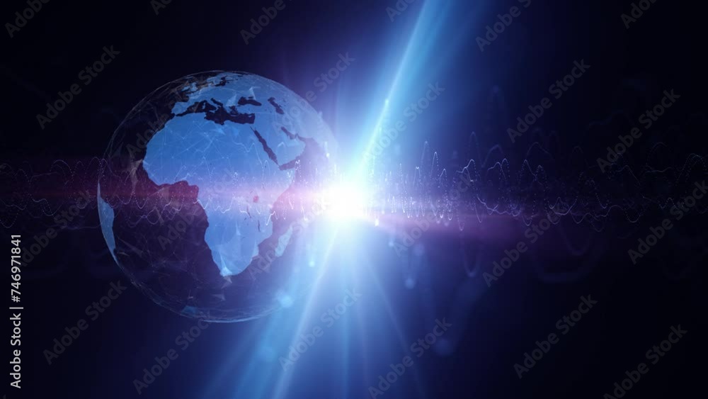 Poster seamless loop 3d digital earth planet with glowing lights animation.