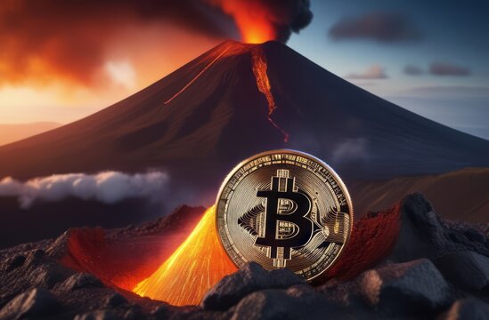 Illustration of bitcoin cryptocurrency convulsing out of volcano with lava. Bitcoun growing fast. Bitcoin coin is on top of a volcano, volcanic eruption, cryptocurrency. Bitcoin cryptocurrency design.