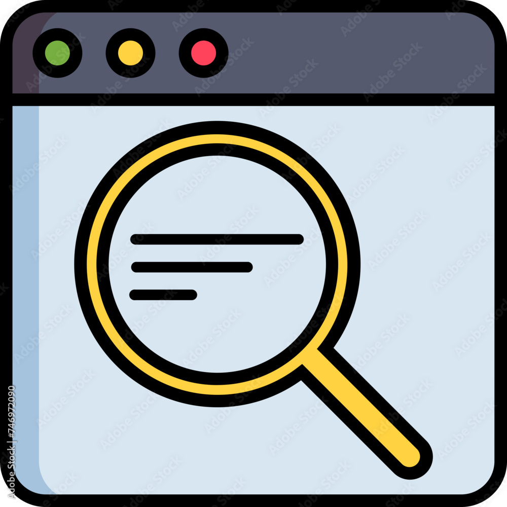 Poster search or zoom tool on web page icon in flat style.