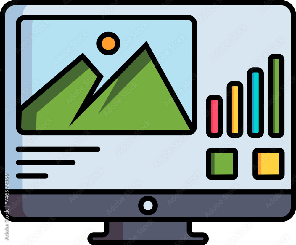 Poster financial graph chart on computer screen icon in colorful color.