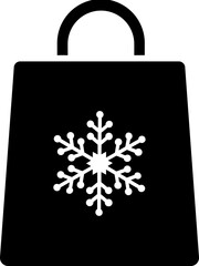 Snowflake symbol on shopping bag glyph icon.