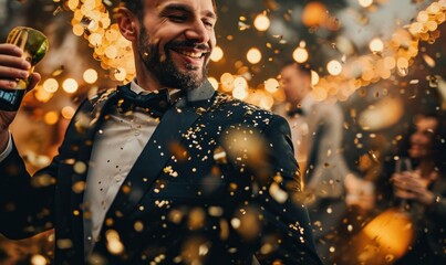 Happy man celebrating New Year's Eve, confetti, time passing, clock in the background, 2024, 2025, man in a tuxedo, new year celebration, wedding, birthday, gold confetti, party, Generative AI - obrazy, fototapety, plakaty