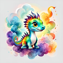 Dragon with watercolor clouds background.