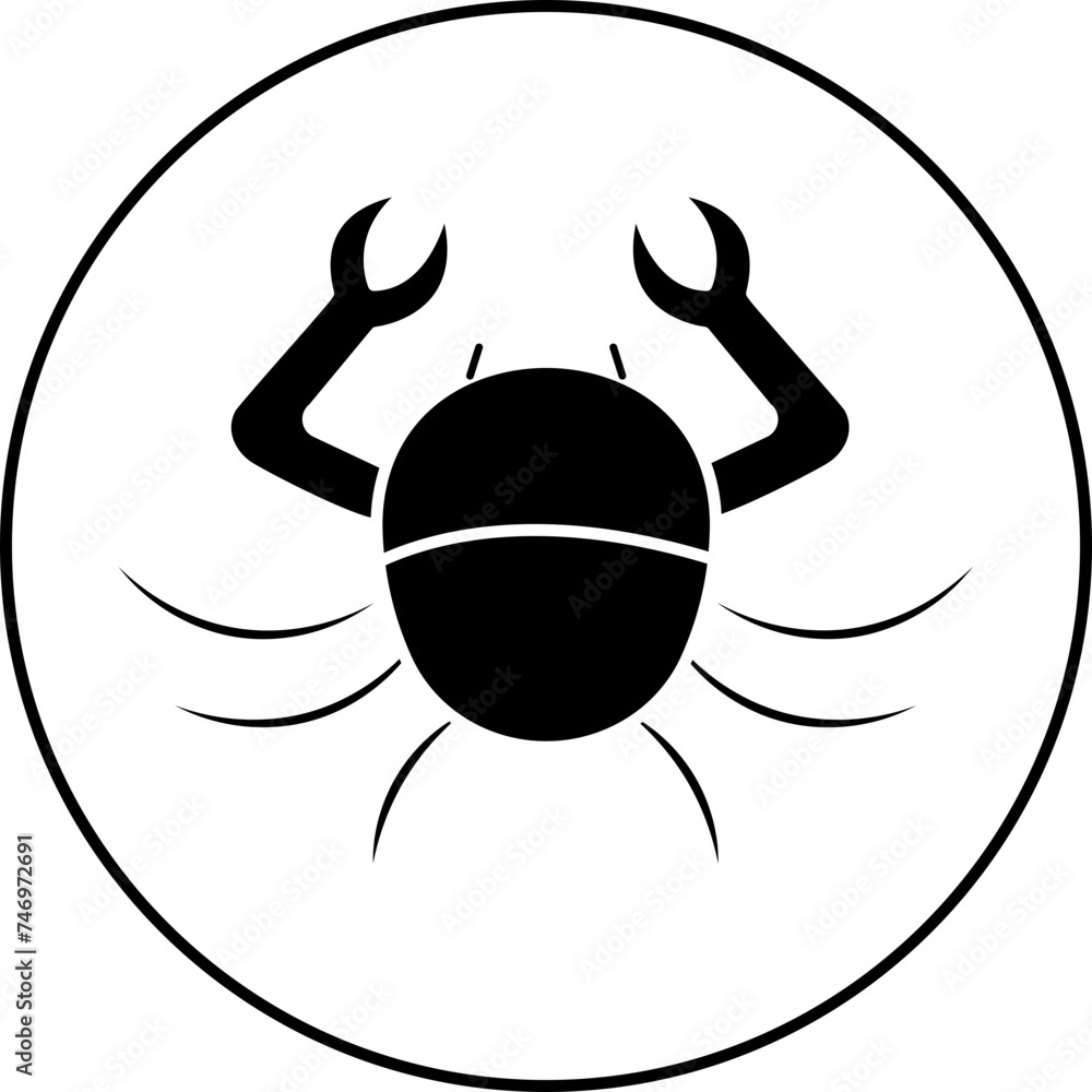 Sticker b&w illustration of zodiac crab sign or icon.