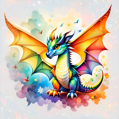 Dragon with watercolor clouds background.