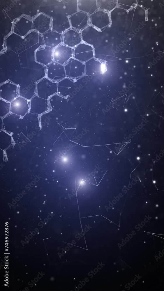 Poster seamless loop chemical hexagon bonds with glowing lights vertical animation. concept science backgro