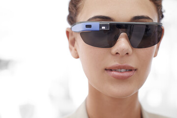 Closeup, portrait and woman with futuristic sunglasses for fashion, technology or protection from...