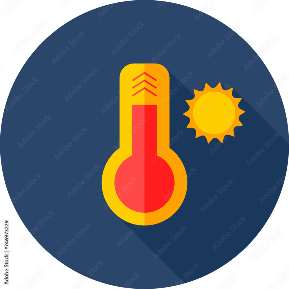 Poster sun temperature with thermometer icon in orange and red color.