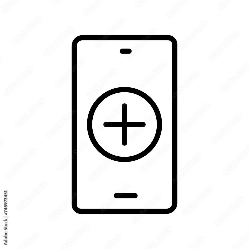 Poster add button on smartphone screen icon in line art.