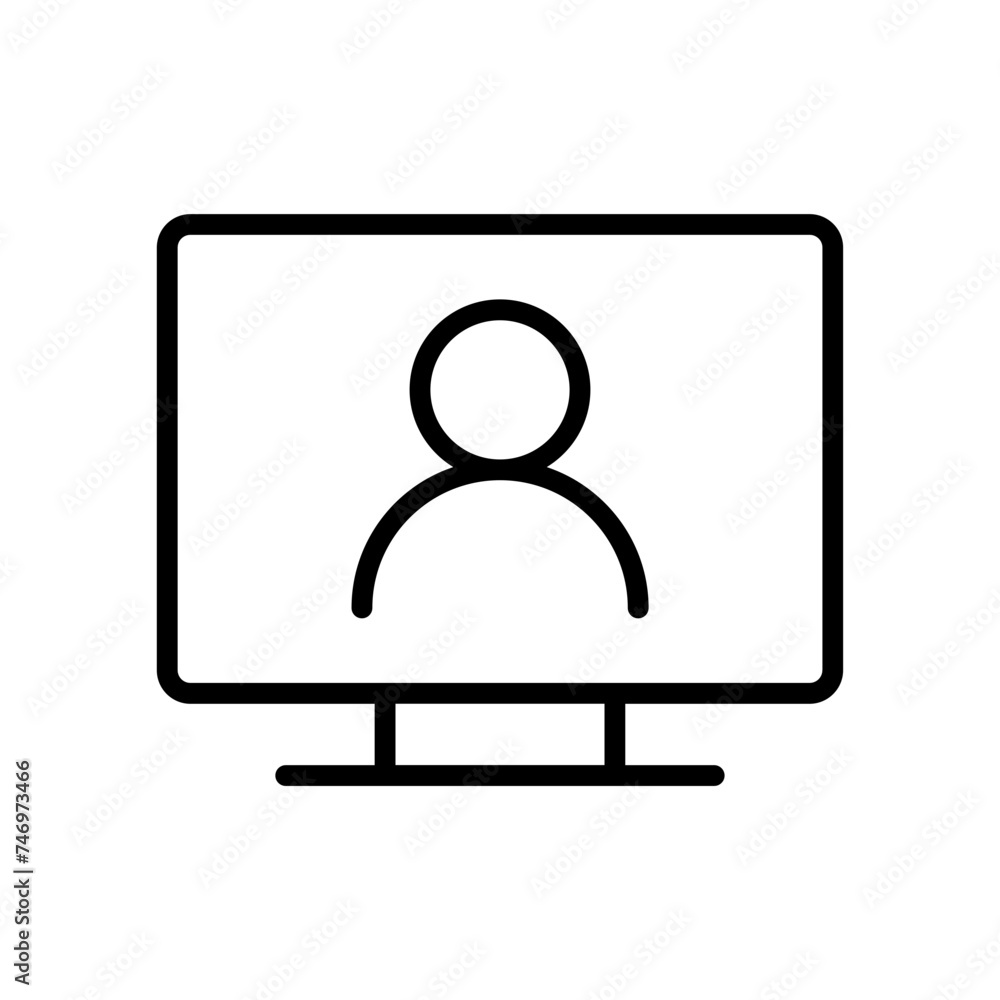 Poster man in desktop screen icon in thin line art.