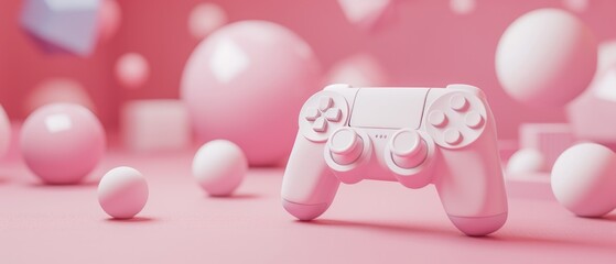 Realistic video game controller in neon lights on pink background. 3D rendering of streaming gear and virtual reality concept