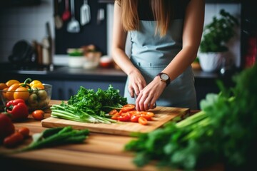 A woman is preparing fresh vegetables on a cutting board in a kitchen, surrounded by a variety of produce. - obrazy, fototapety, plakaty