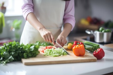 Obraz na płótnie Canvas A woman cutting vegetables on a cutting board in a kitchen