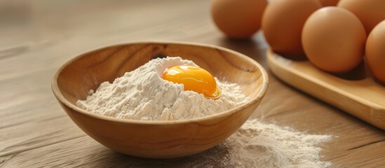A wooden bowl filled with all-purpose flour, a key ingredient in many recipes, alongside an egg on a rustic wooden table, commonly used in various cuisines as a staple food