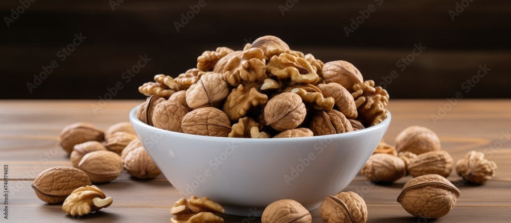 Poster a white bowl placed on a wooden table is overflowing with an assortment of different nuts. the nuts 
