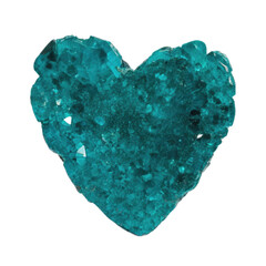 A heart made of the mineral Dioptase on a white background.