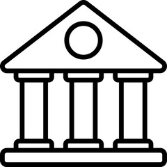 Black line art illustration of bank icon.