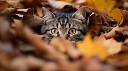 Gato entre hojas de otoño