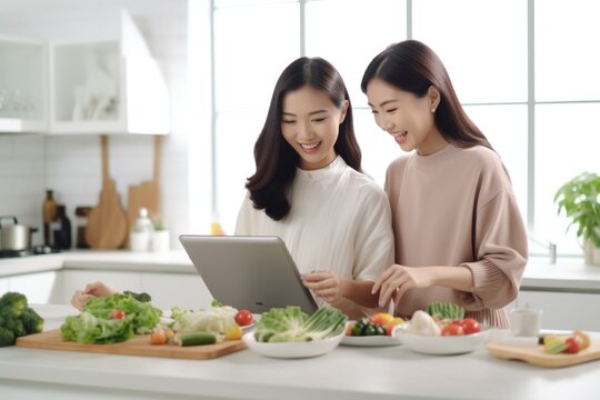 Two women using tablet for meal planning in kitchen