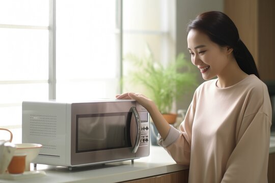 Woman Smiling as She Poses with a Microwave Oven. Fictional Character Created By Generated By Generated AI.
