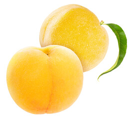 Yellow Peach with leaf isolated on white background, Fresh Yellow Peach Fruit on White PNG File. 
