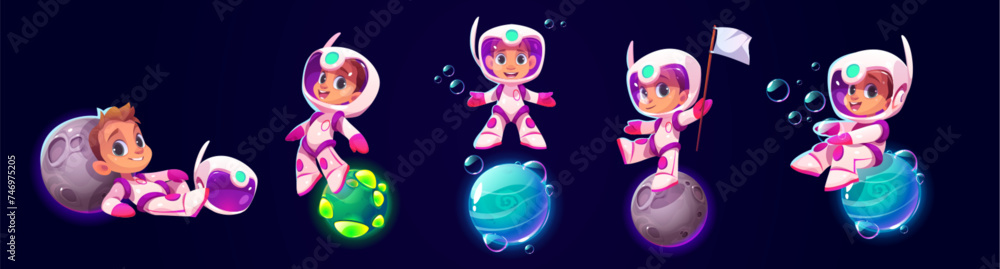 Poster cute kid boy astronaut in suit with helmet flying and playing on little alien planets in outer space