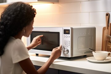 A woman interacting with a microwave oven, adjusting settings or removing something from it. - obrazy, fototapety, plakaty