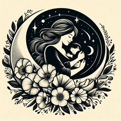 Illustration for mother's day with mom hugging her baby