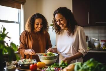 Two women preparing a vegetable salad. Fictional Character Created By Generated By Generated AI. - obrazy, fototapety, plakaty