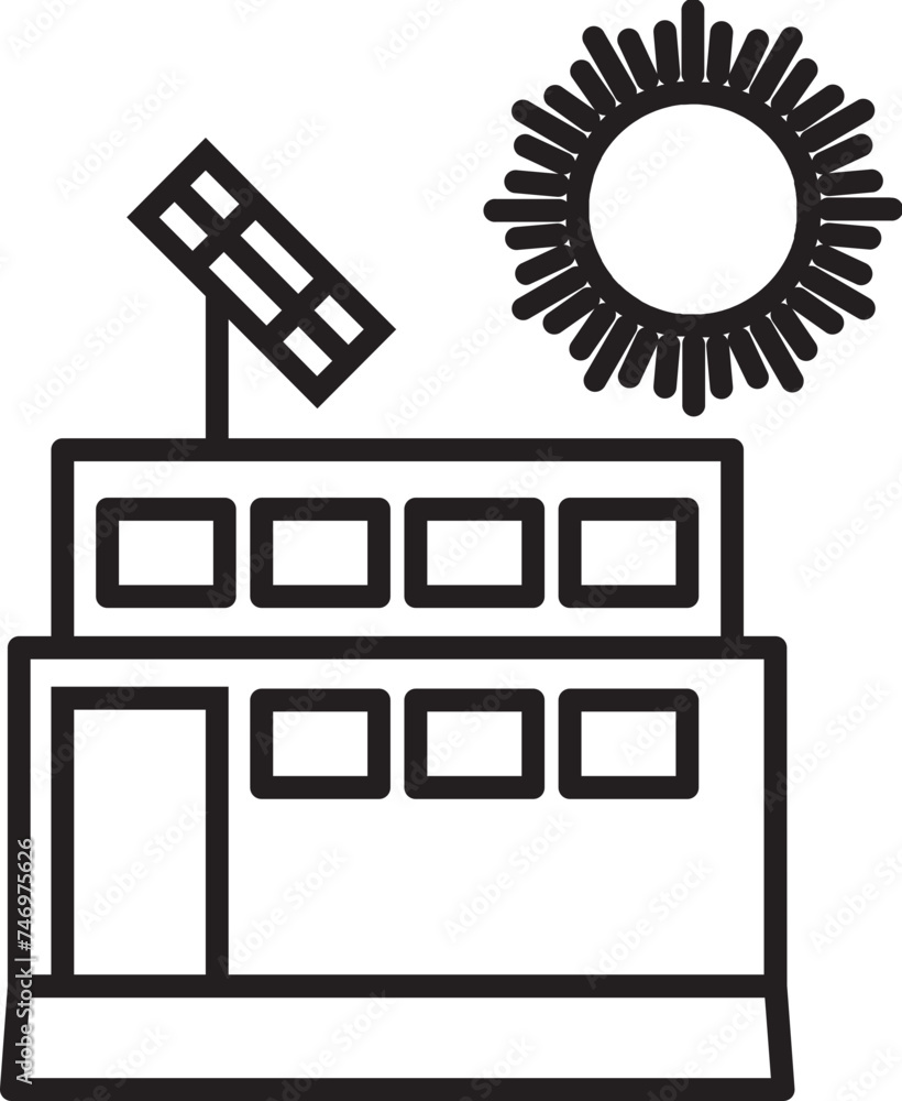 Canvas Prints Black line art illustration of Sun with solar panel on building icon.