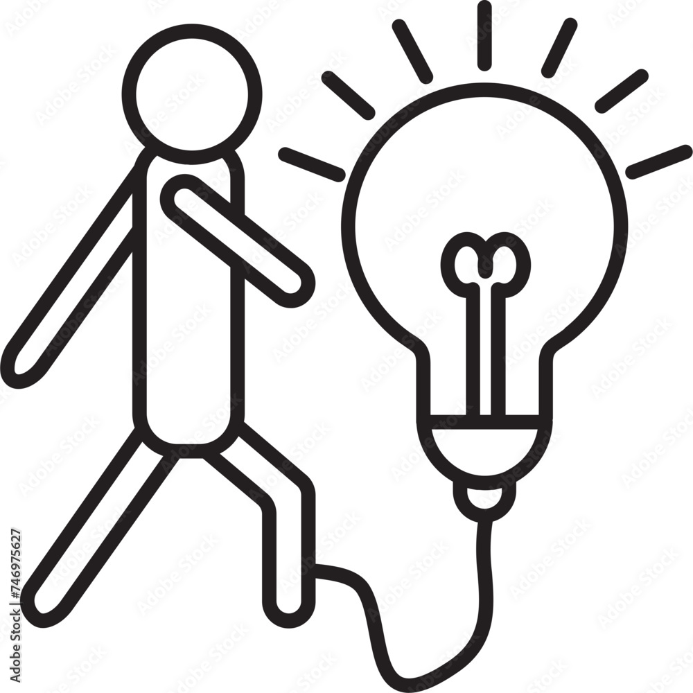Poster man connected light bulb wire or idea connection icon in line art.