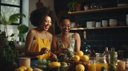 Two women laughing and enjoying time in a kitchen with fruit - obrazy, fototapety, plakaty