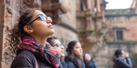 Obraz premium A group of women, with one in focus, contemplating history at an aged architectural site